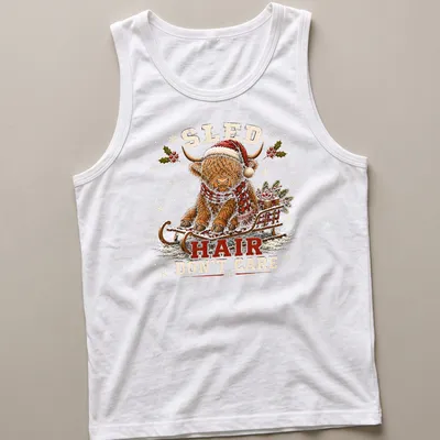 Vintage print of a Highland cow with the text Sled Hair Don't Care for Christmas — printed on a tank top