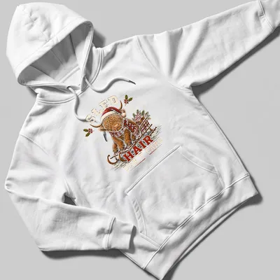 Vintage print of a Highland cow with the text Sled Hair Don't Care for Christmas — printed on a unisex hoodie