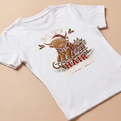 Vintage print of a Highland cow with the text Sled Hair Don't Care for Christmas — printed on a women's shirt