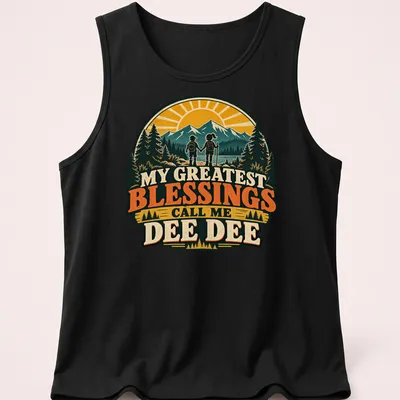 Vintage style t-shirt with a hiking grandma and children, showcasing family love. — printed on a tank top