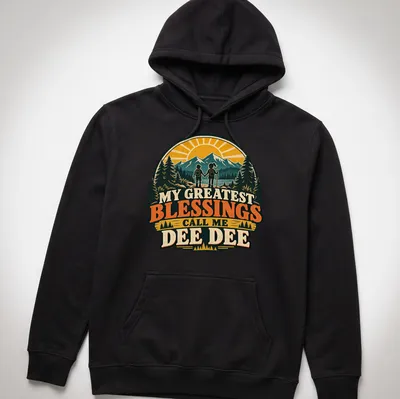 Vintage style t-shirt with a hiking grandma and children, showcasing family love. — printed on a unisex hoodie