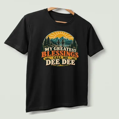 Vintage style t-shirt with a hiking grandma and children, showcasing family love. — printed on a unisex t-shirt (angled view)