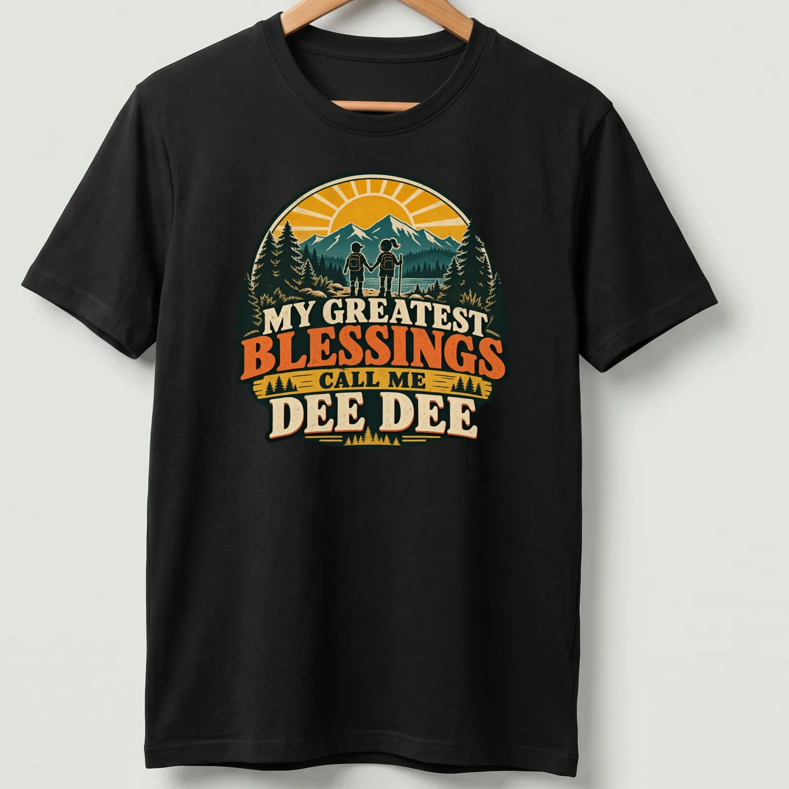 Vintage style t-shirt with a hiking grandma and children, showcasing family love. — printed on a unisex t-shirt