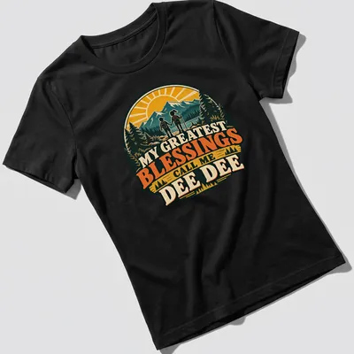 Vintage style t-shirt with a hiking grandma and children, showcasing family love. — printed on a women's shirt
