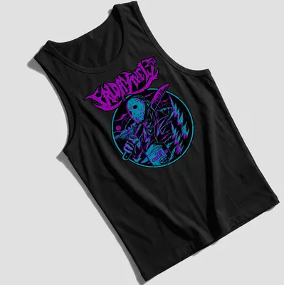 Retro neon shirt featuring a hockey mask slasher and text from Friday the 13th — printed on a tank top