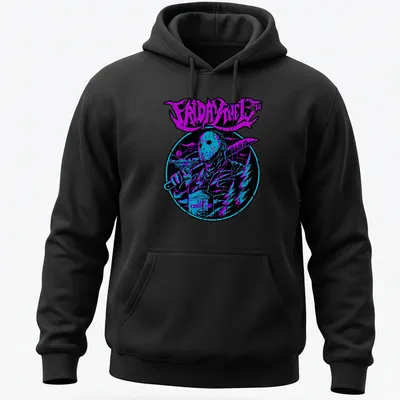 Retro neon shirt featuring a hockey mask slasher and text from Friday the 13th — printed on a unisex hoodie