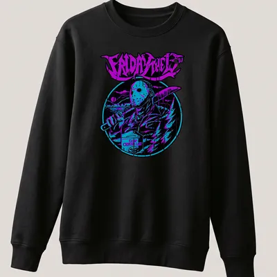 Retro neon shirt featuring a hockey mask slasher and text from Friday the 13th — printed on a unisex sweatshirt