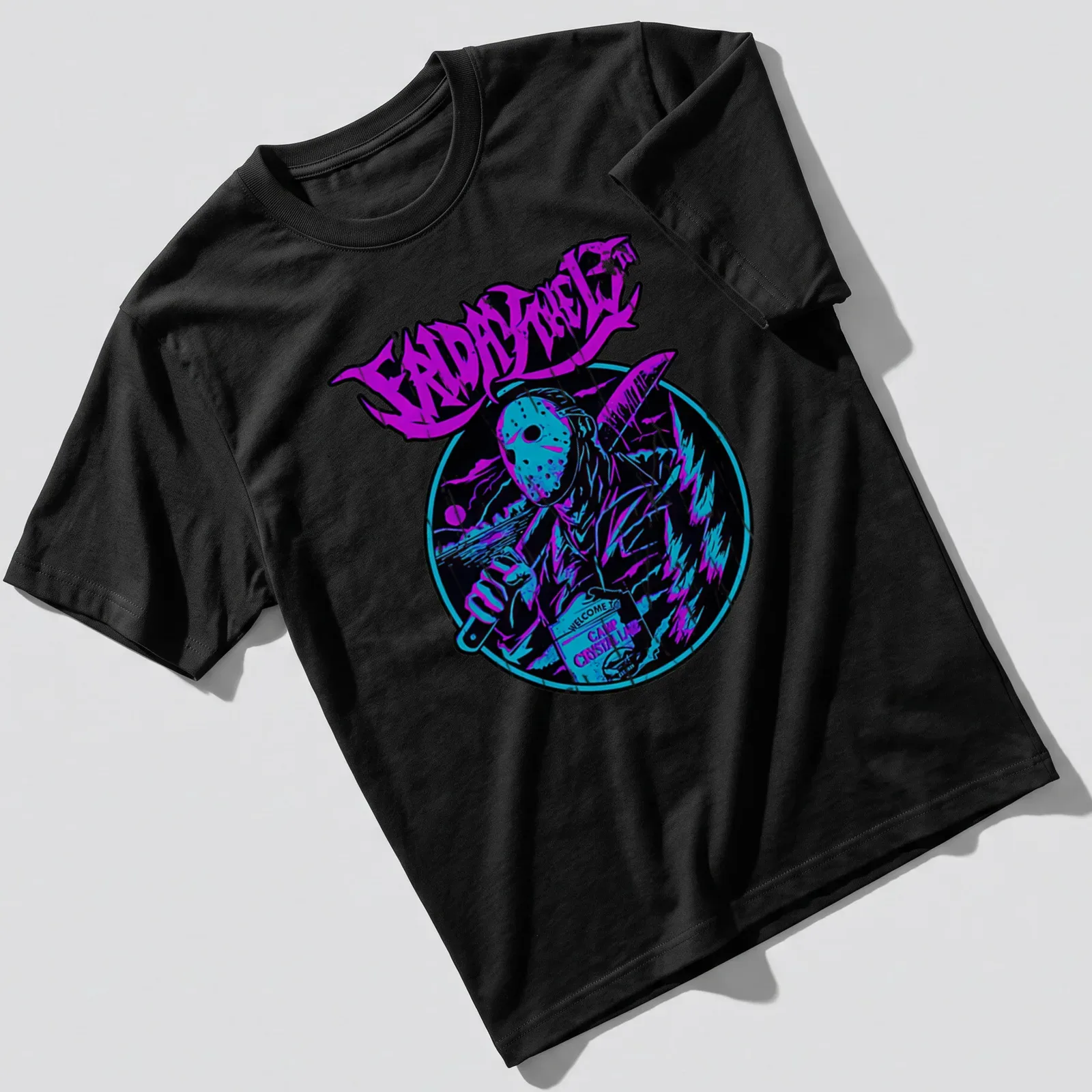 Retro neon shirt featuring a hockey mask slasher and text from Friday the 13th — printed on a unisex t-shirt