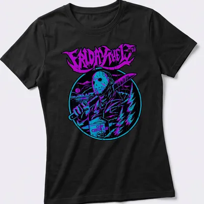 Retro neon shirt featuring a hockey mask slasher and text from Friday the 13th — printed on a women's shirt