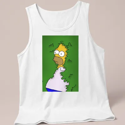 Cartoon of Homer Simpson hiding in bushes with the phrase 'Man In Bush' above — printed on a tank top