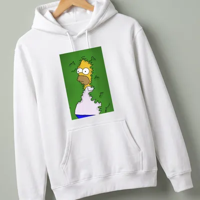 Cartoon of Homer Simpson hiding in bushes with the phrase 'Man In Bush' above — printed on a unisex hoodie