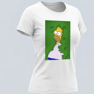 Cartoon of Homer Simpson hiding in bushes with the phrase 'Man In Bush' above — printed on a women's shirt