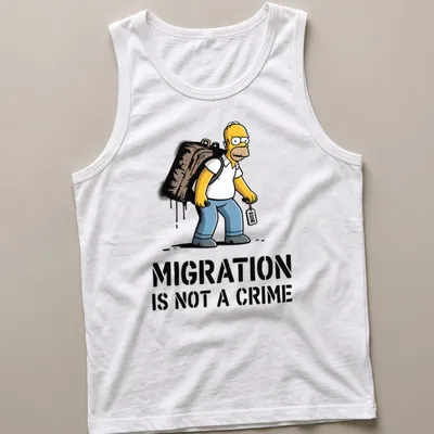 Cartoon print of Homer Simpson with the text Migration Is Not A Crime — printed on a tank top