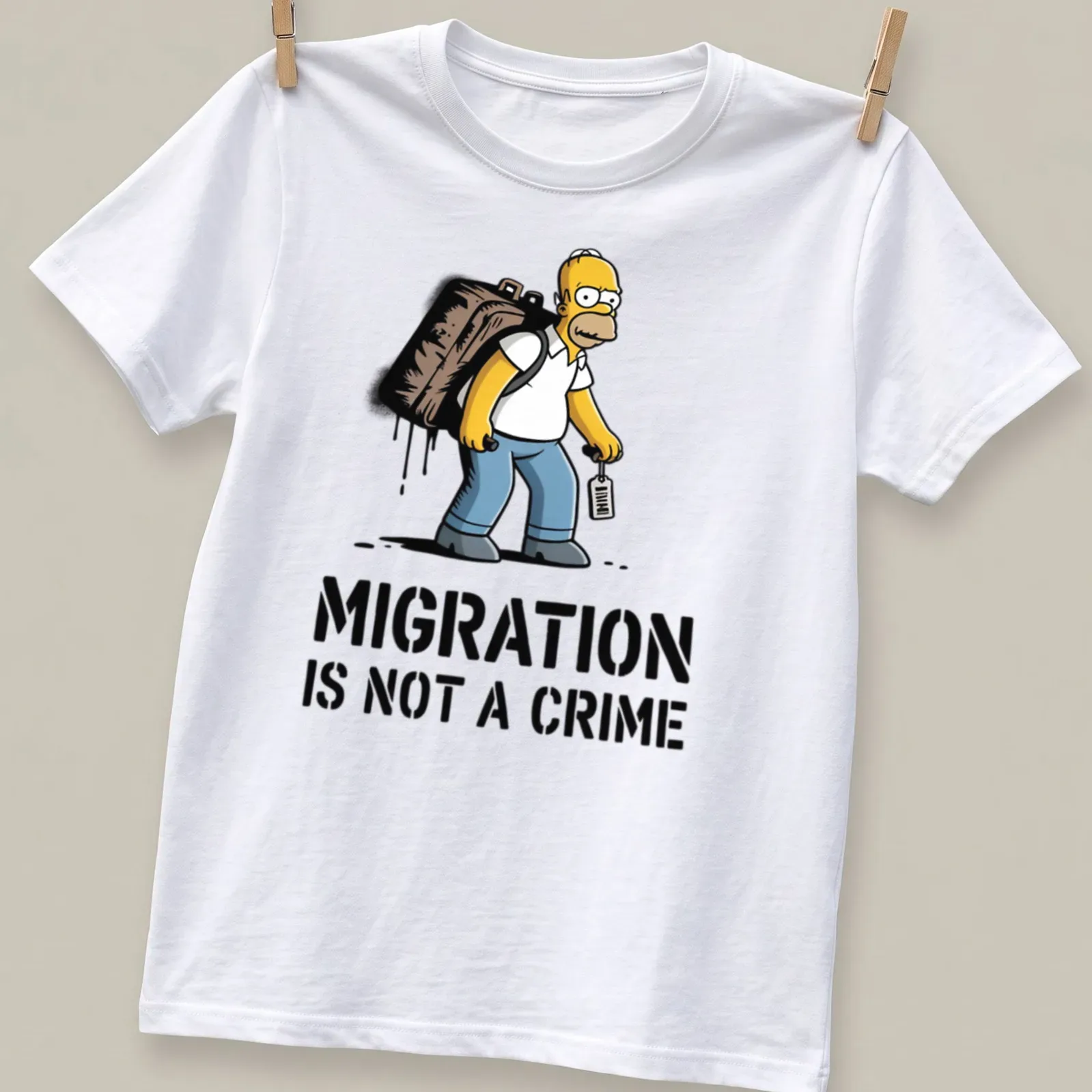 Cartoon print of Homer Simpson with the text Migration Is Not A Crime — printed on a unisex t-shirt