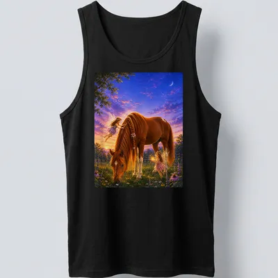 Fantasy realism design of a horse with fairies in a magical landscape. — printed on a tank top