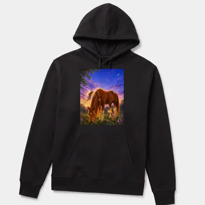 Fantasy realism design of a horse with fairies in a magical landscape. — printed on a unisex hoodie