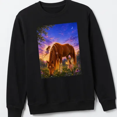 Fantasy realism design of a horse with fairies in a magical landscape. — printed on a unisex sweatshirt