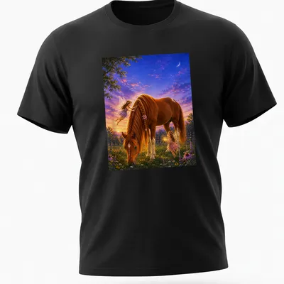 Fantasy realism design of a horse with fairies in a magical landscape.