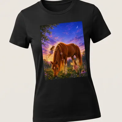 Fantasy realism design of a horse with fairies in a magical landscape. — printed on a women's shirt