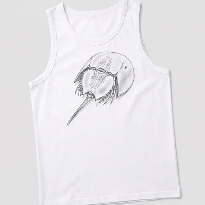 Detailed sketch of a horseshoe crab in shades of gray, black, and white — printed on a tank top