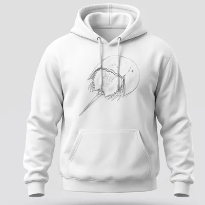 Detailed sketch of a horseshoe crab in shades of gray, black, and white — printed on a unisex hoodie
