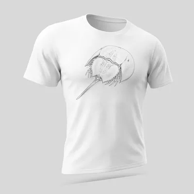 Detailed sketch of a horseshoe crab in shades of gray, black, and white — printed on a unisex t-shirt (angled view)