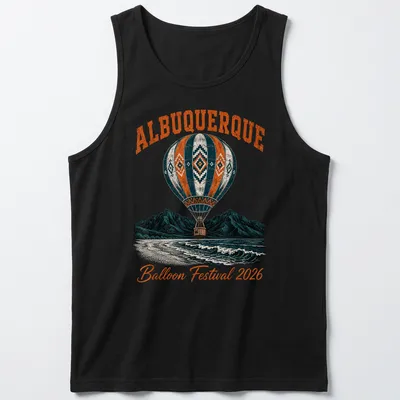Vintage illustration of a hot air balloon festival with colorful design — printed on a tank top