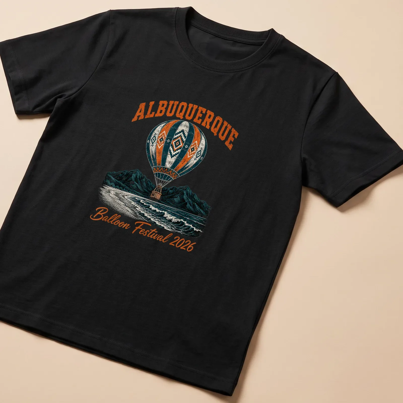 Vintage illustration of a hot air balloon festival with colorful design — printed on a unisex t-shirt