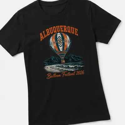 Vintage illustration of a hot air balloon festival with colorful design — printed on a women's shirt