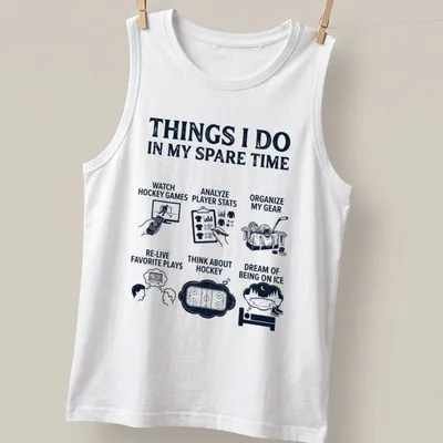 Typography design listing hockey-related activities in bold text on navy background — printed on a tank top