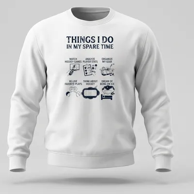 Typography design listing hockey-related activities in bold text on navy background — printed on a unisex sweatshirt