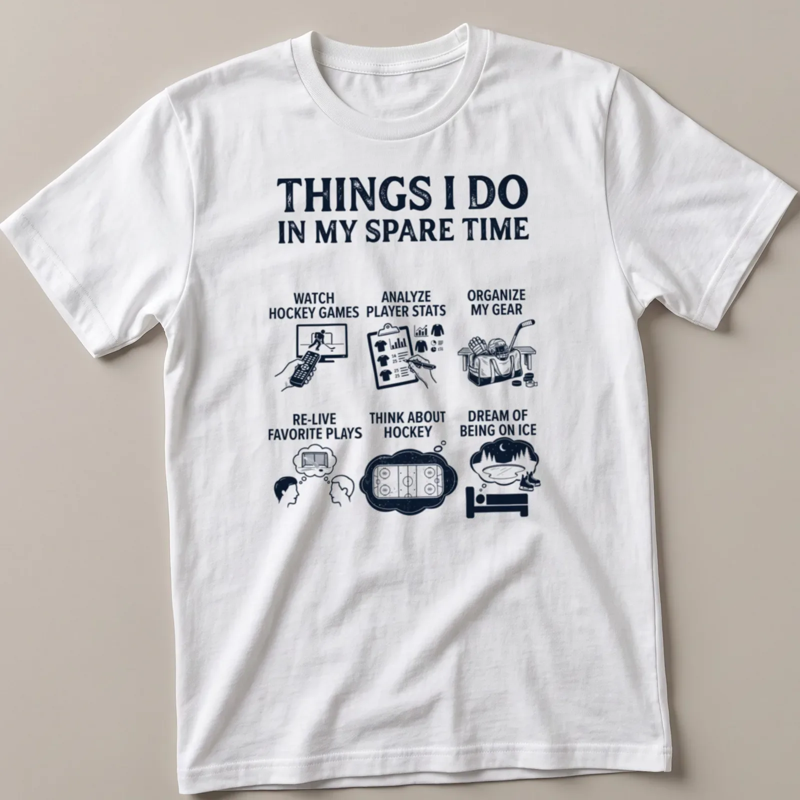 Typography design listing hockey-related activities in bold text on navy background — printed on a unisex t-shirt