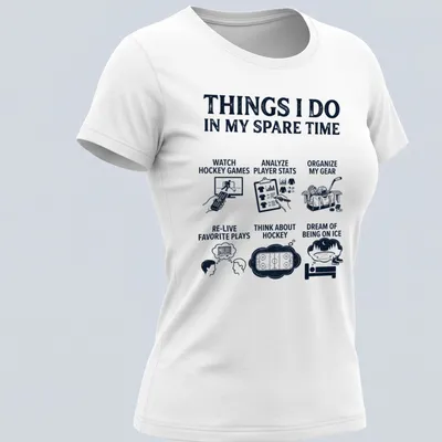Typography design listing hockey-related activities in bold text on navy background — printed on a women's shirt