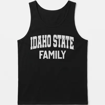 Bold white lettering stating Idaho State Family on a — printed on a tank top