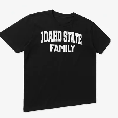 Bold white lettering stating Idaho State Family on a — printed on a unisex t-shirt (angled view)