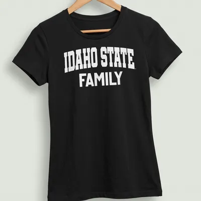 Bold white lettering stating Idaho State Family on a — printed on a women's shirt