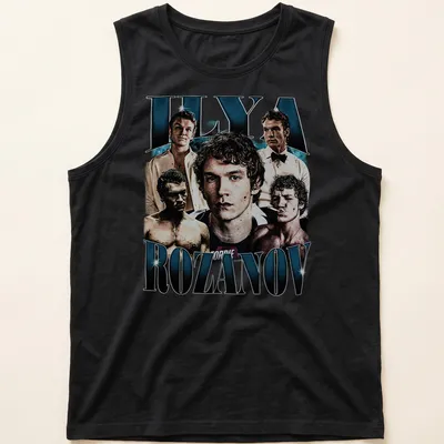 Vintage bootleg-style shirt featuring Ilya Rozanov in black, white, and blue — printed on a tank top