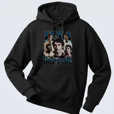 Vintage bootleg-style shirt featuring Ilya Rozanov in black, white, and blue — printed on a unisex hoodie