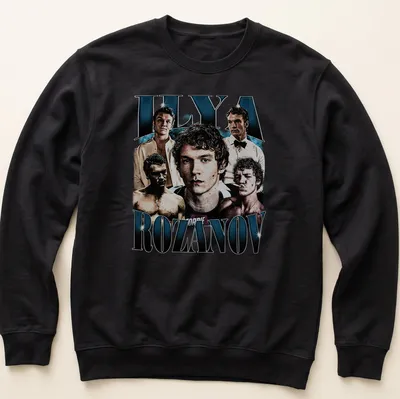 Vintage bootleg-style shirt featuring Ilya Rozanov in black, white, and blue — printed on a unisex sweatshirt