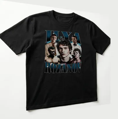 Vintage bootleg-style shirt featuring Ilya Rozanov in black, white, and blue — printed on a unisex t-shirt (angled view)