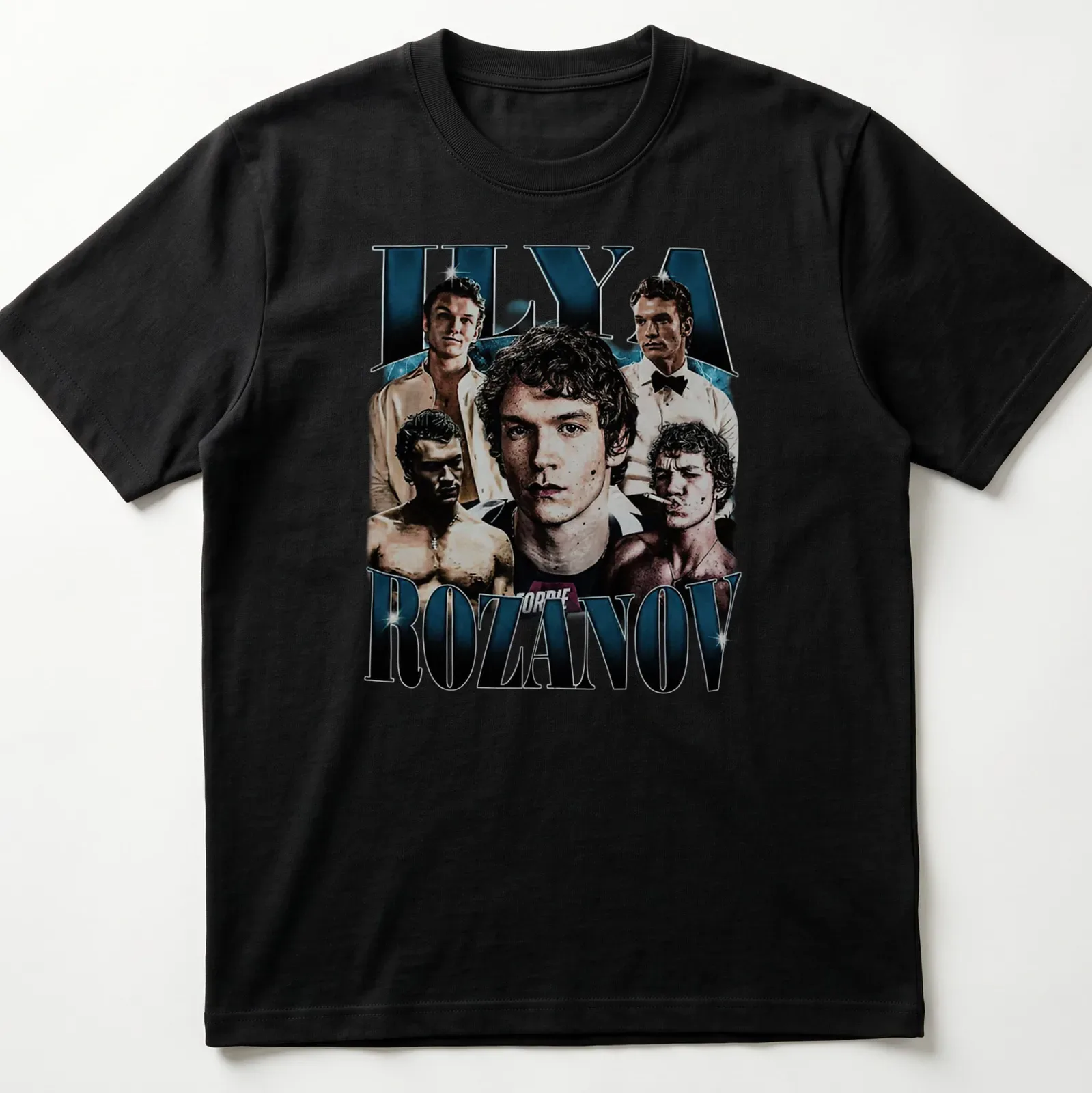 Vintage bootleg-style shirt featuring Ilya Rozanov in black, white, and blue — printed on a unisex t-shirt