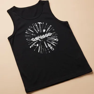Intricate line-art of medical instruments with the text 'INSTRUMENTS OF PAIN' in black and white. — printed on a tank top