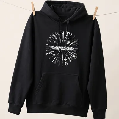 Intricate line-art of medical instruments with the text 'INSTRUMENTS OF PAIN' in black and white. — printed on a unisex hoodie