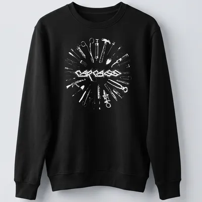 Intricate line-art of medical instruments with the text 'INSTRUMENTS OF PAIN' in black and white. — printed on a unisex sweatshirt