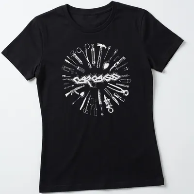Intricate line-art of medical instruments with the text 'INSTRUMENTS OF PAIN' in black and white. — printed on a women's shirt