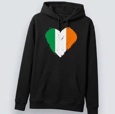 Distressed heart design featuring the Irish flag colors: green, white, and orange. — printed on a unisex hoodie