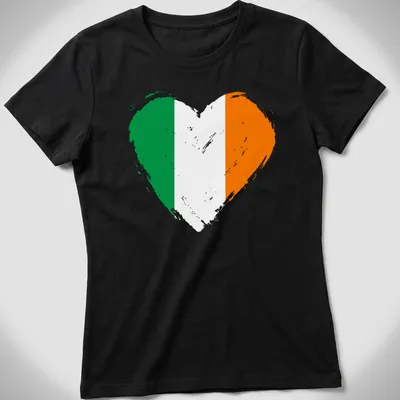 Distressed heart design featuring the Irish flag colors: green, white, and orange. — printed on a women's shirt