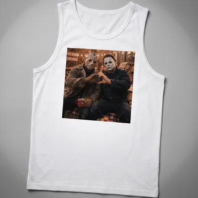 Photographic print of Jason Voorhees and Michael Myers forming a heart with their hands — printed on a tank top