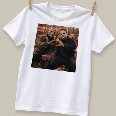 Photographic print of Jason Voorhees and Michael Myers forming a heart with their hands