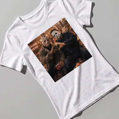 Photographic print of Jason Voorhees and Michael Myers forming a heart with their hands — printed on a women's shirt